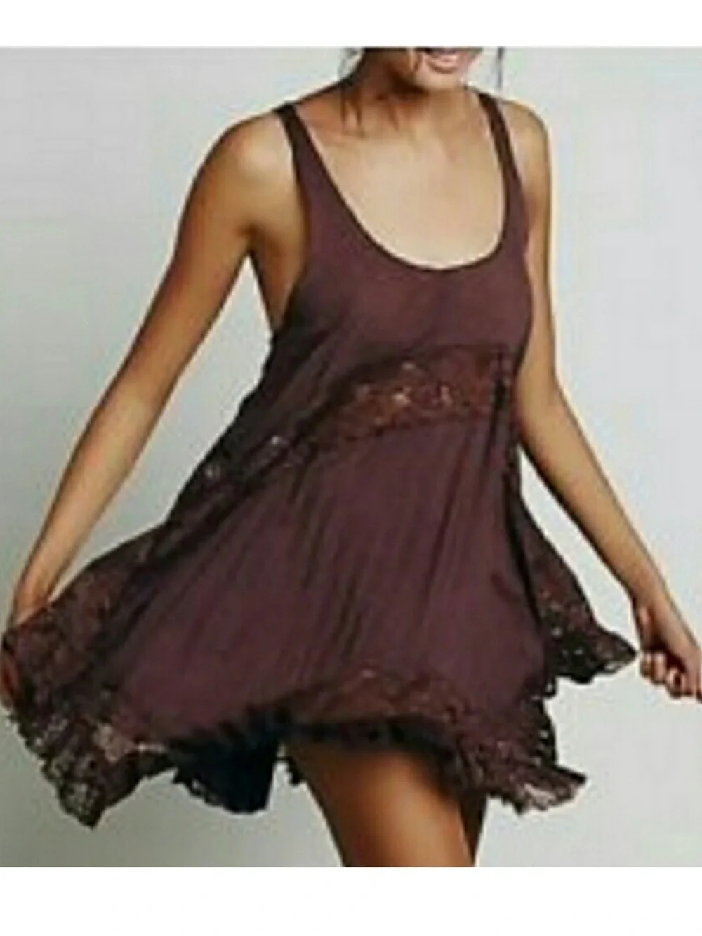 RARE Free People She Swings Slip Lace Mini Dress Medium Burgundy Brown Bohemian